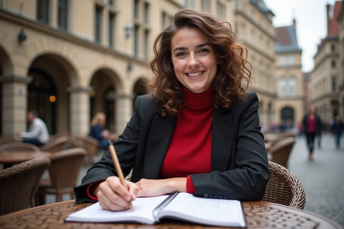 Jeune femme souriante écrivant dans un café belge en plein air