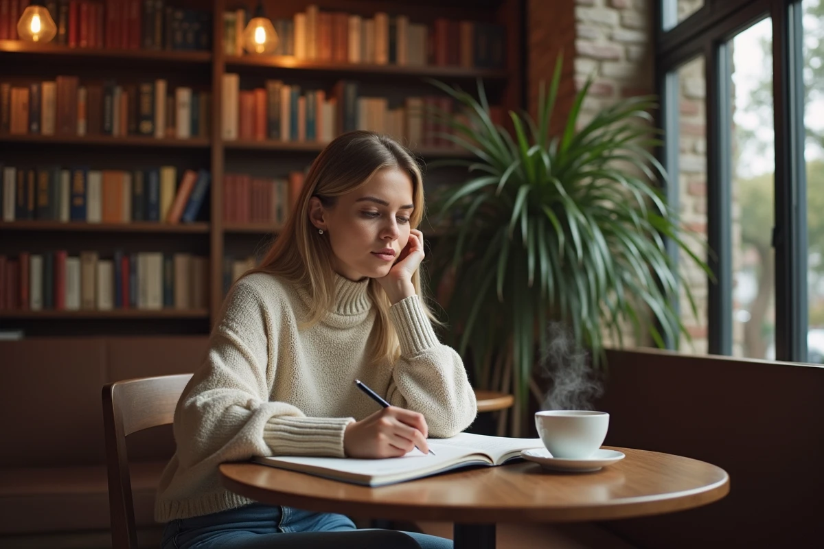 Femme assise dans un cafe lisant un carnet