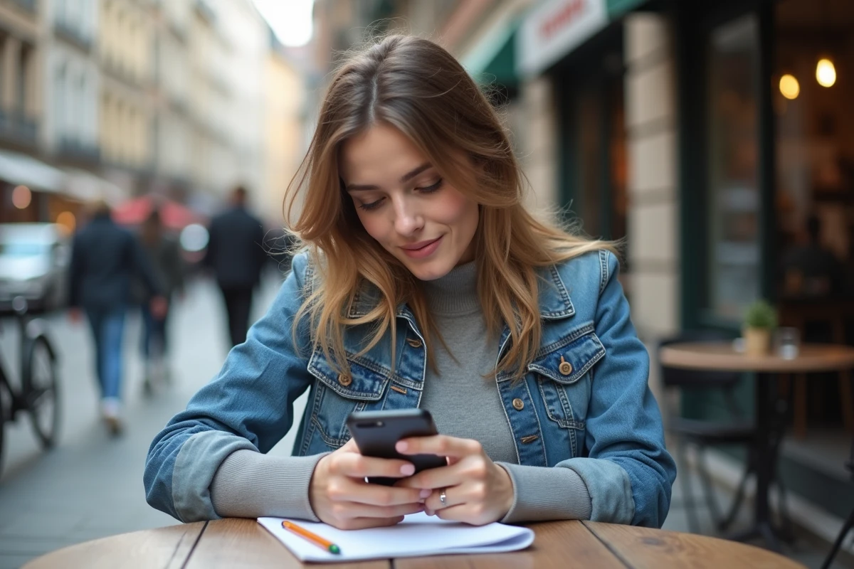 Jeune femme au café utilisant son téléphone en ville