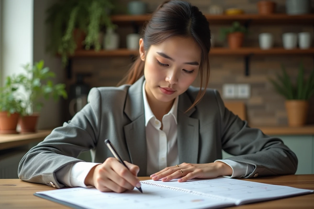 Jeune femme en tenue business marquant dates sur calendrier