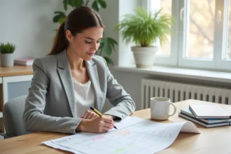 Femme d'affaires consultant un calendrier annuel pour planifier les semaines de travail
