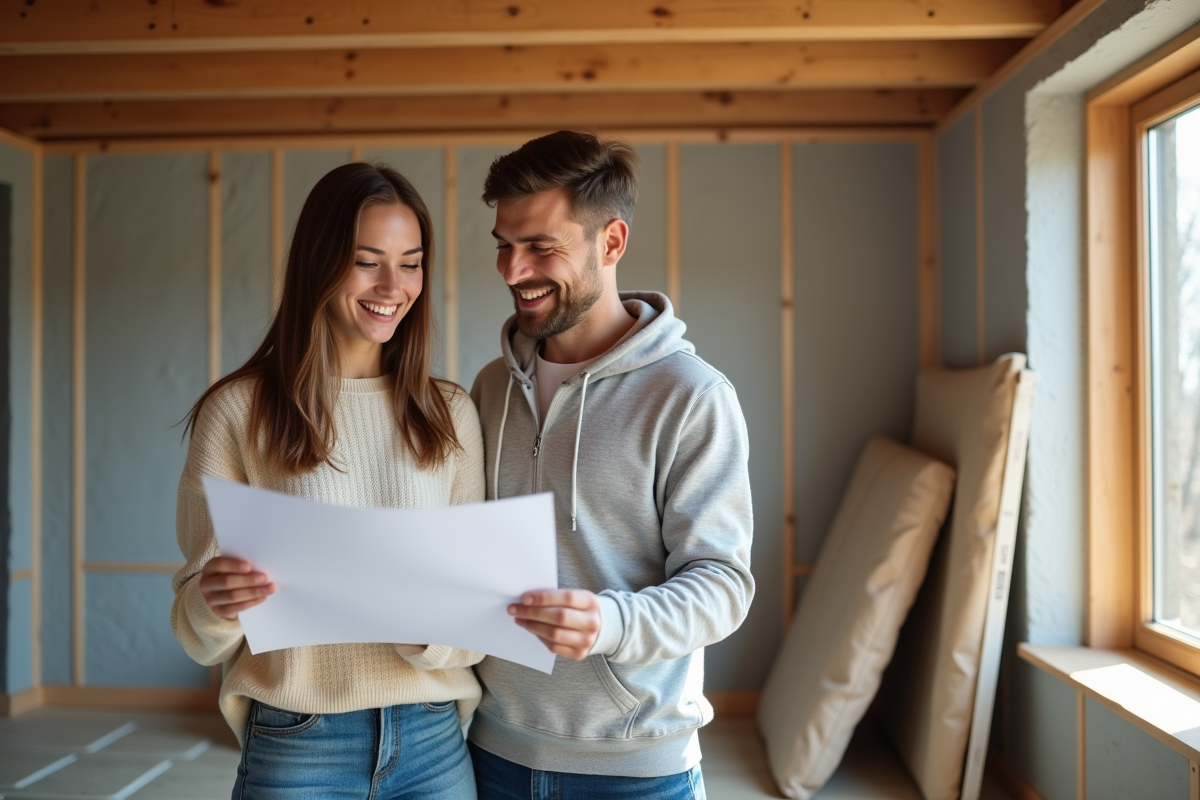 Femme souriante vérifiant plans de rénovation intérieure