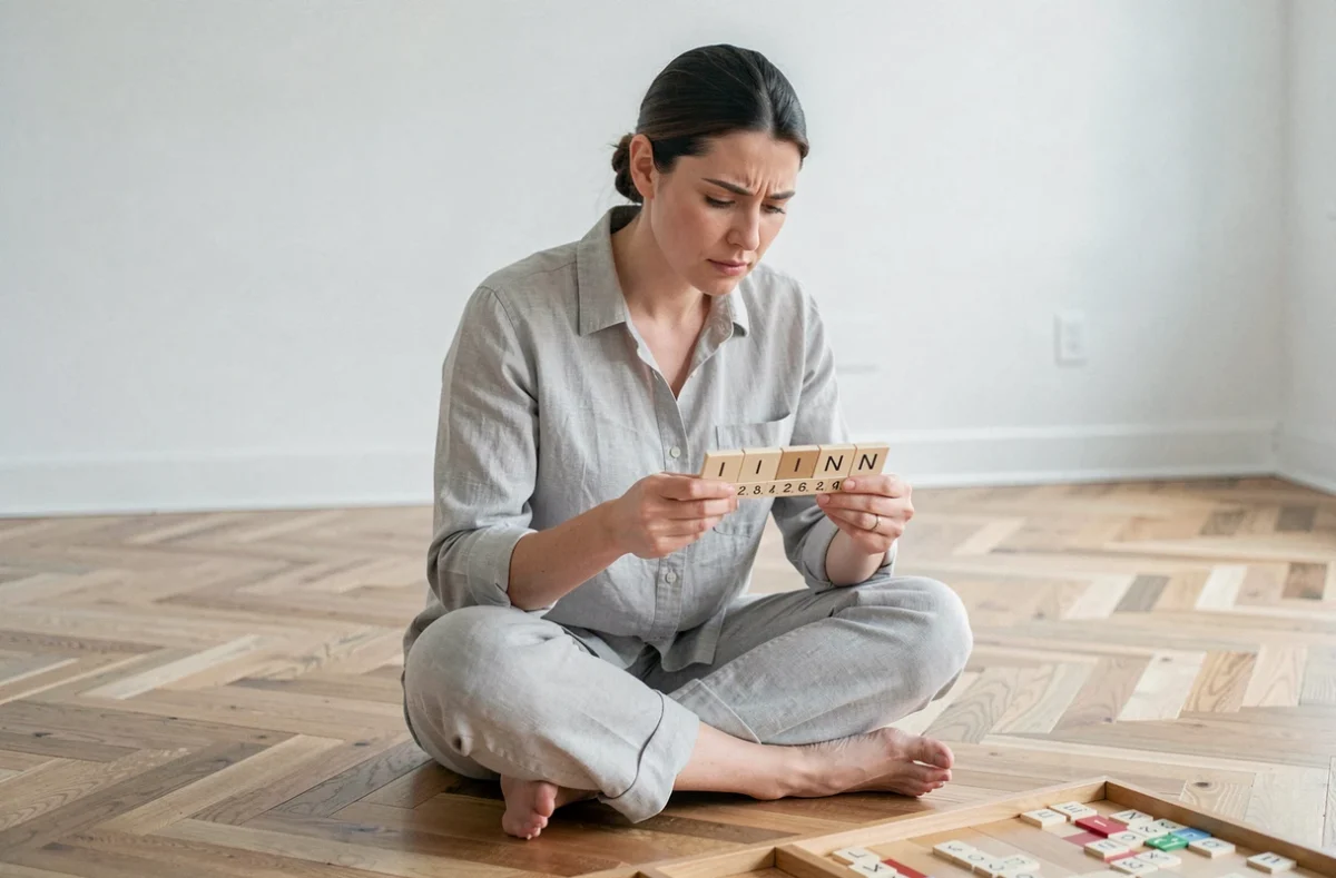 Femme analysant un chevalet Scrabble avec les lettres I et N lors d'une partie de jeu de société