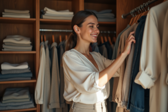 Femme souriante dans un dressing organisé et lumineux