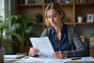 Femme concentrée lisant une lettre en français à son bureau