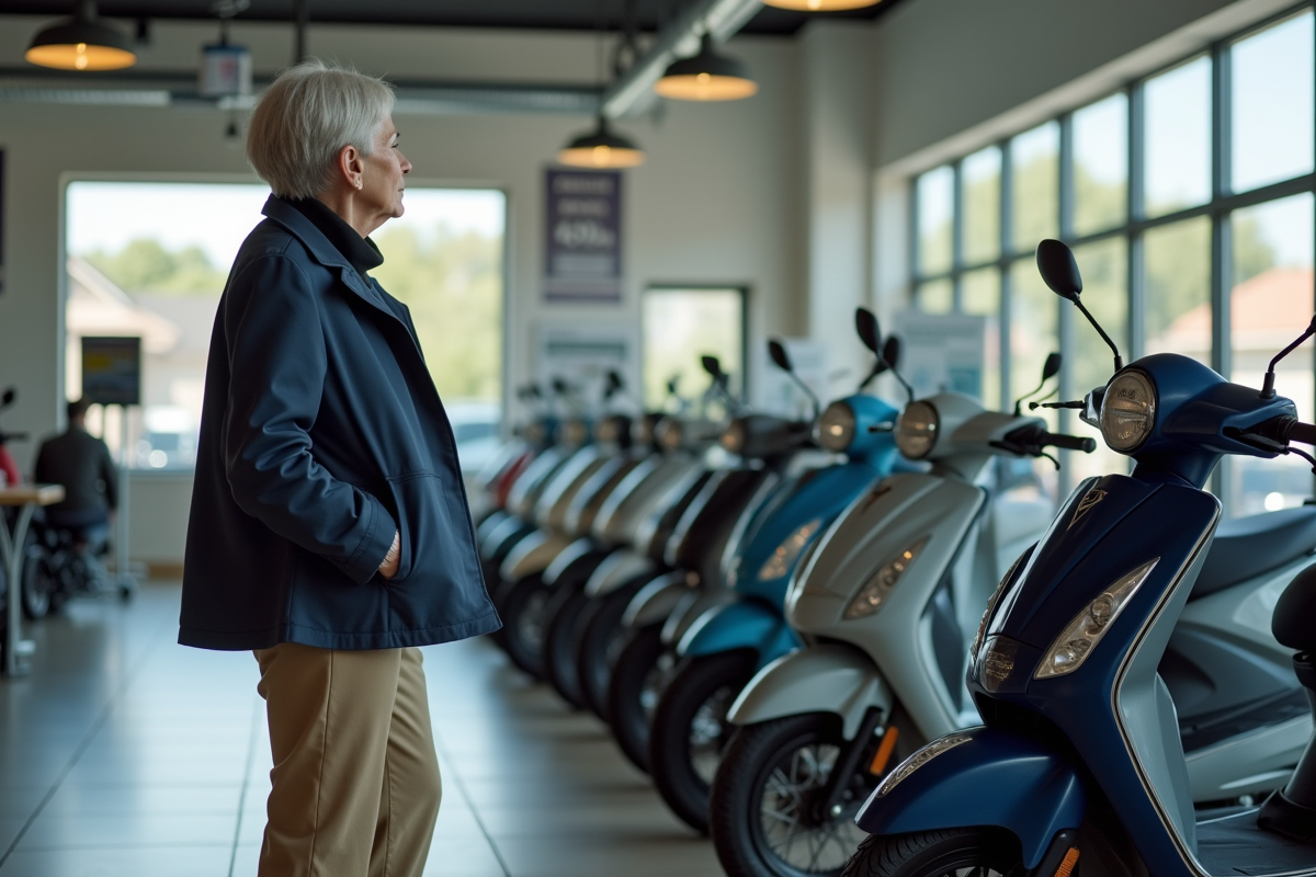 Femme examinant des motos Dax 50cc en showroom