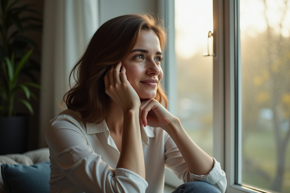 Femme contemplative près d'une fenêtre lumineuse