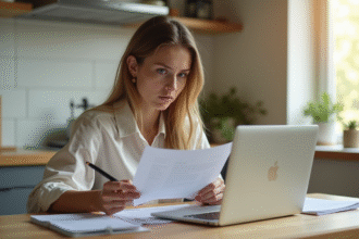 Jeune femme avec documents et ordinateur portable