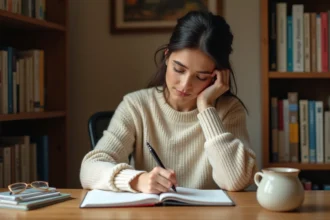 Femme concentrée écrivant dans un cahier de grammaire française à son bureau en bois, illustrant la règle orthographique mis ou mit