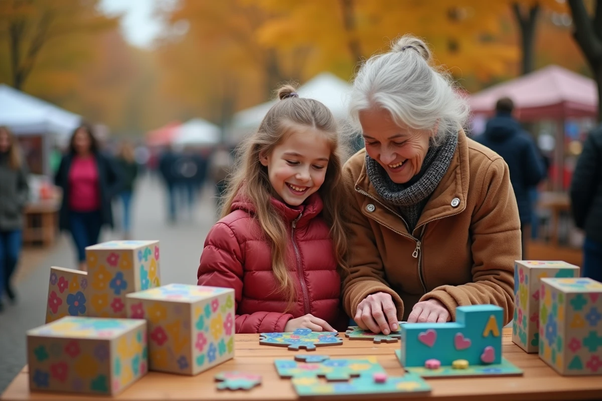 Femme et enfant rient avec puzzles en marché extérieur