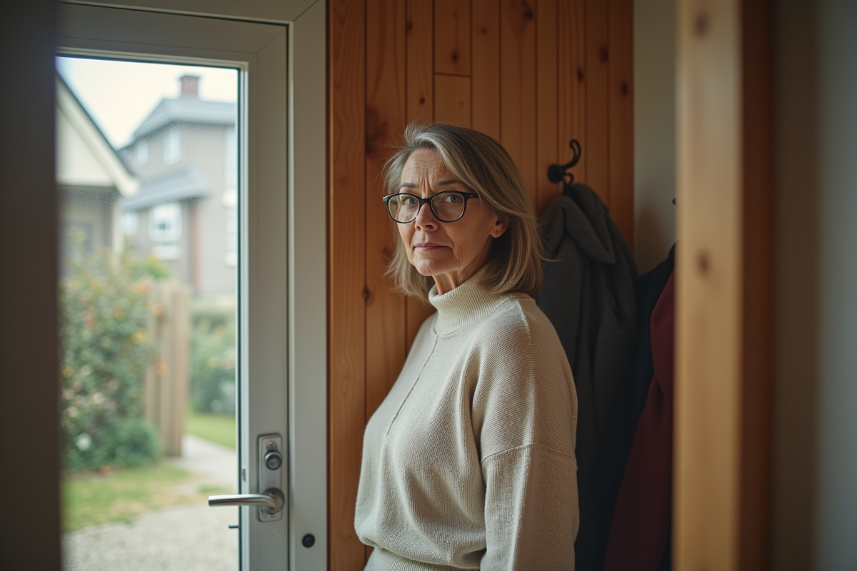 Femme regardant par la porte d