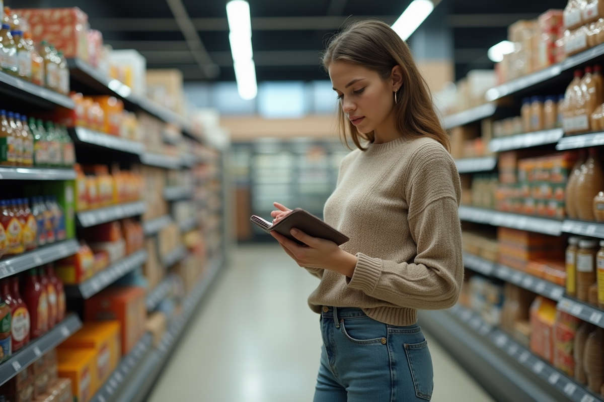 Jeune femme faisant ses courses dans un rayon de magasin