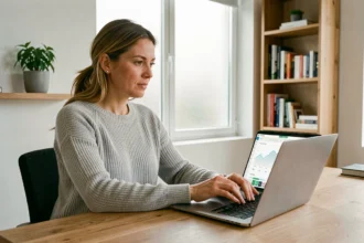 Femme consultant son espace client EDF enr sur un ordinateur portable dans un bureau à domicile moderne