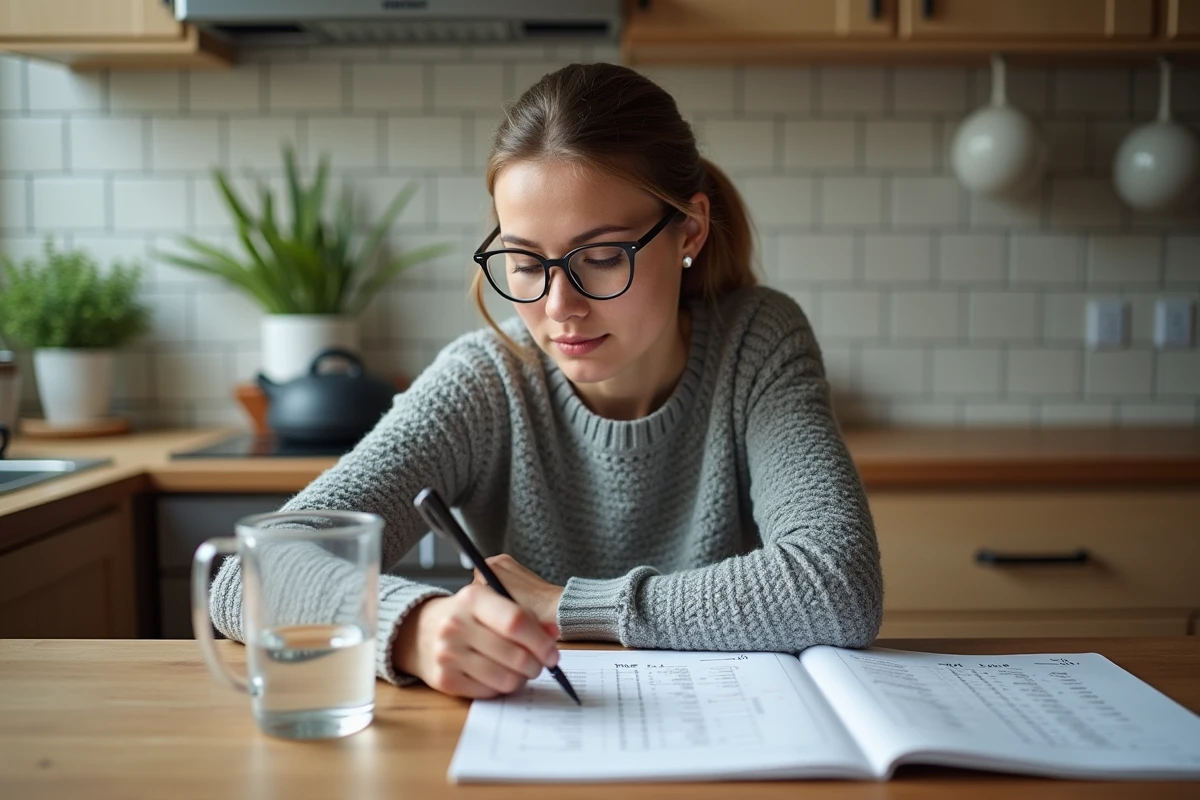 Jeune femme étudiant un tableau de conversion de volume avec un carnet et un pichet gradué dans une cuisine