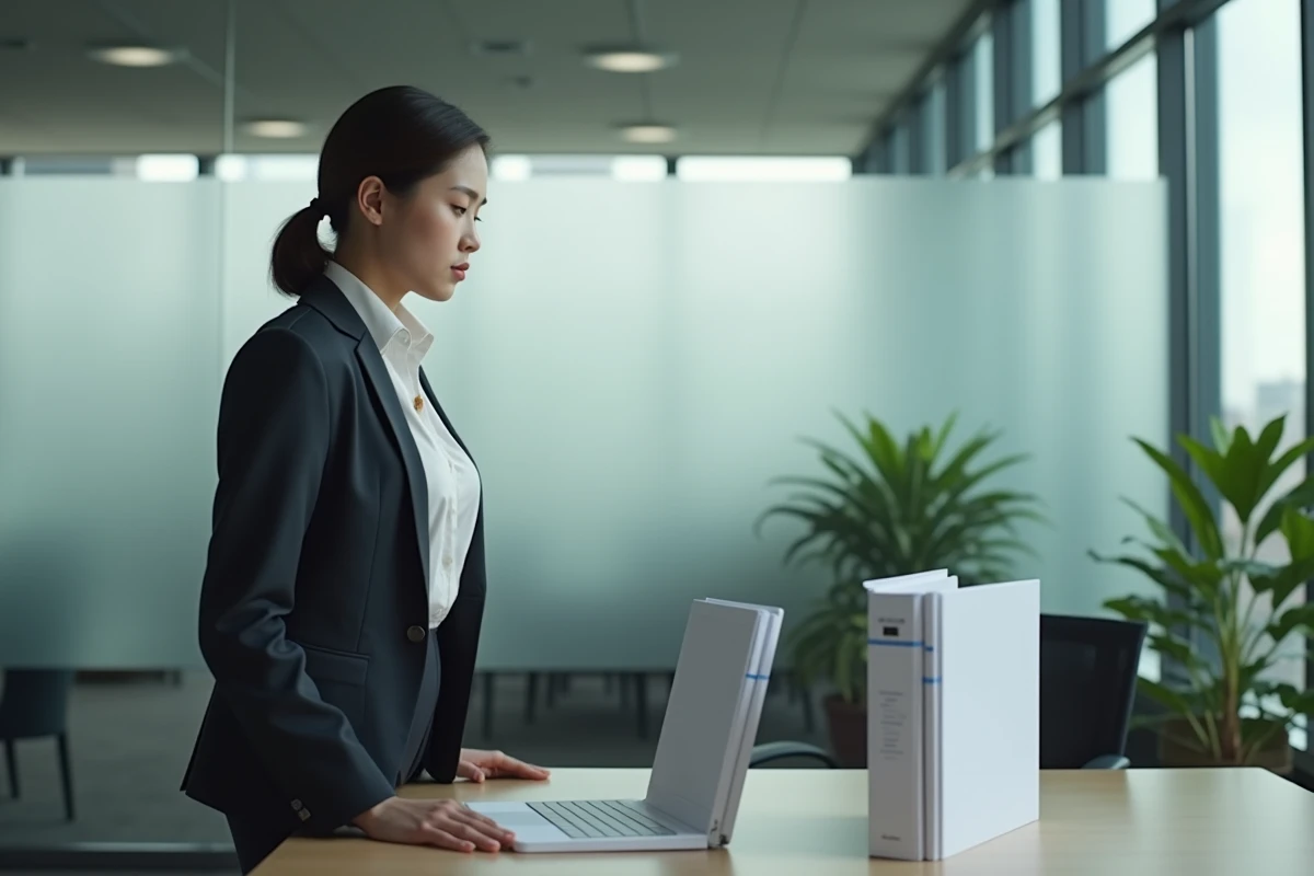 Femme hésitant devant deux dossiers dans un bureau moderne