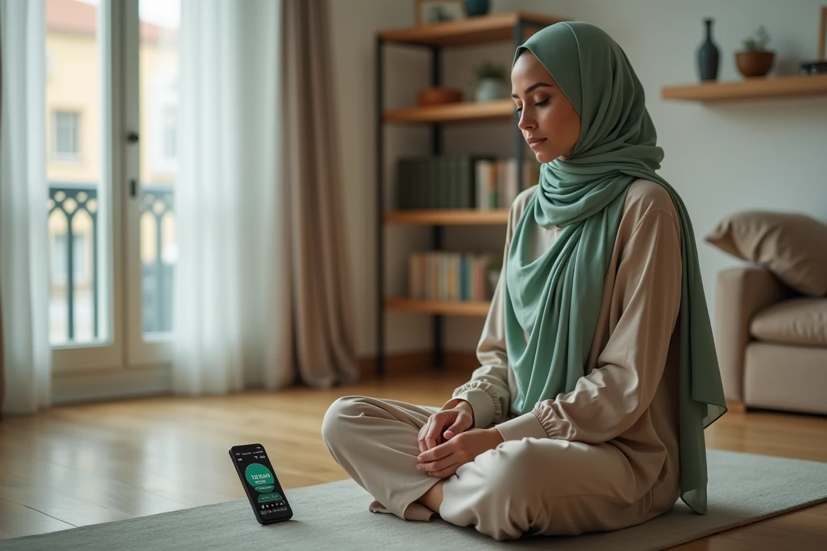 Jeune femme voilée consultant les horaires de prière sur smartphone installée sur un tapis de prière dans un appartement marseillais