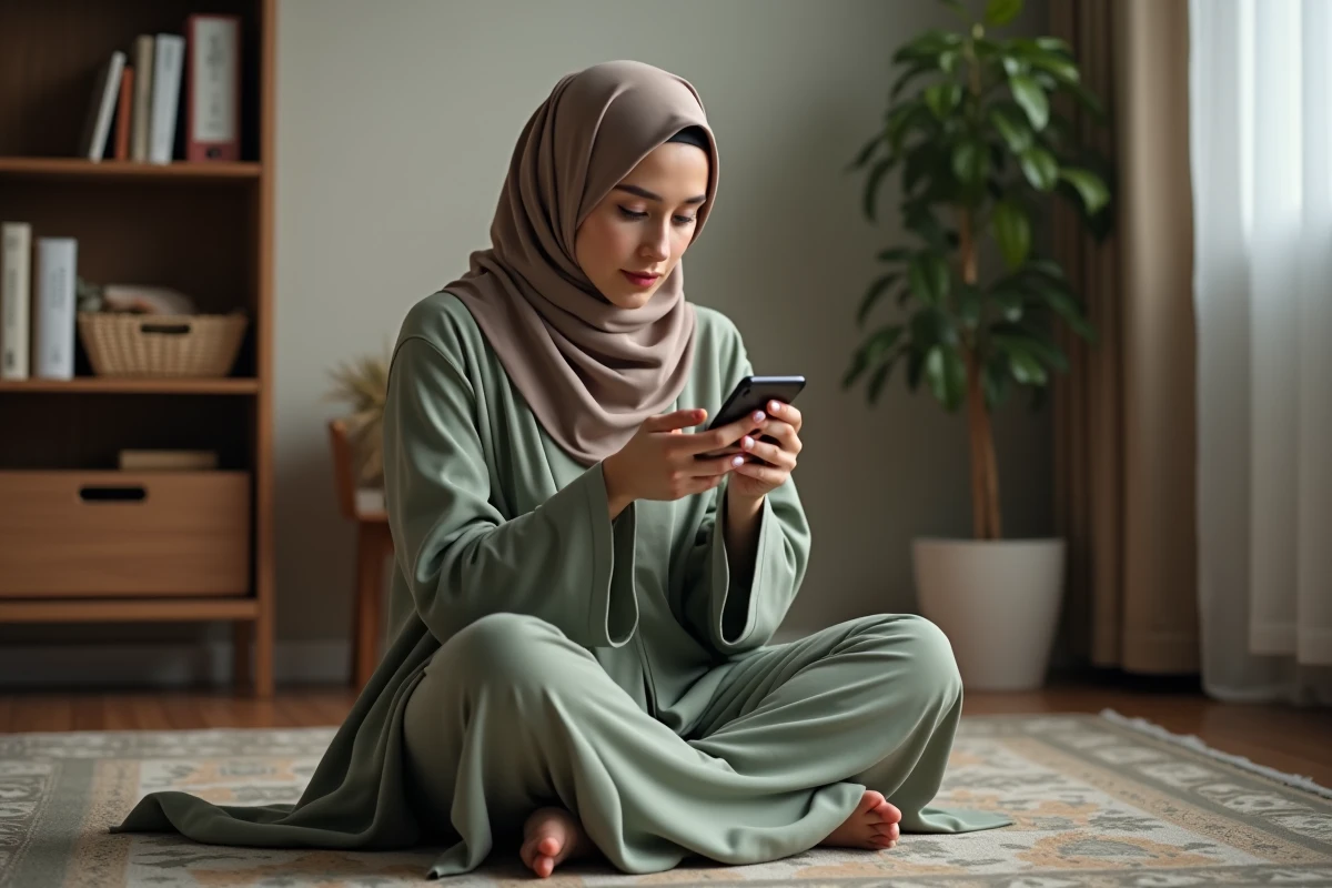 Jeune femme musulmane consultant les horaires de salat sur son téléphone à Bezons