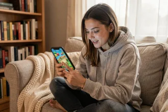 Jeune femme jouant à Monopoly GO sur smartphone dans un salon cosy, combinant des bonus et des dés gratuits