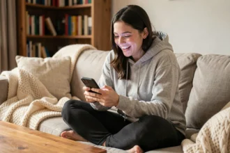 Jeune femme souriante jouant à Monopoly GO sur son smartphone depuis son canapé