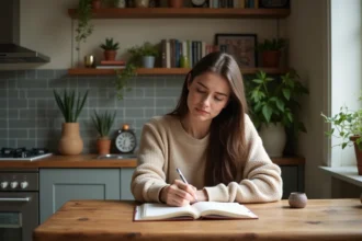 Femme assise à une table en intérieur cosy et lumineux