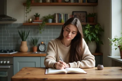 Femme assise à une table en intérieur cosy et lumineux