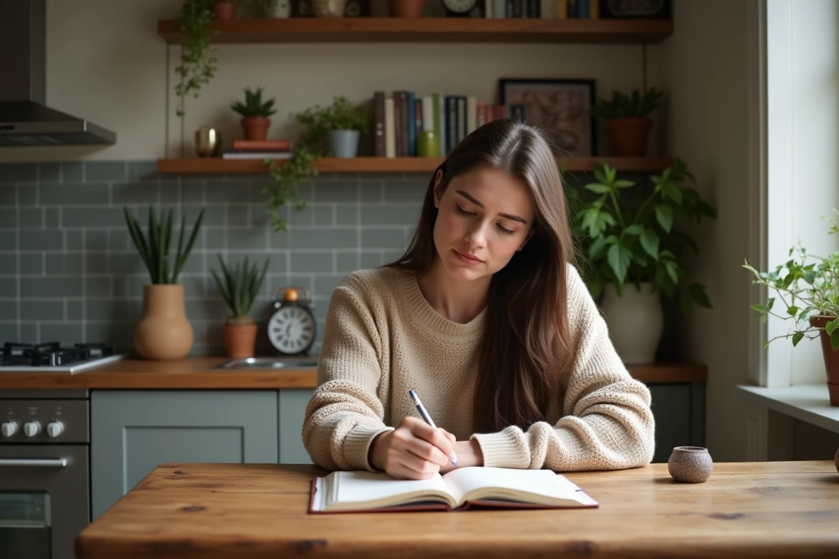 Femme assise à une table en intérieur cosy et lumineux