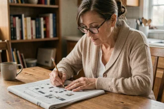 Femme en train de résoudre des mots croisés avec un crayon sur un journal posé sur une table en bois