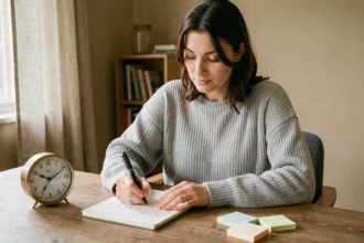 Femme prenant des notes à son bureau avec une horloge indiquant 1h30, technique de mémorisation pour débutants