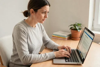 Femme tapant sur un ordinateur portable sous Word avec un document en français affiché à l'écran