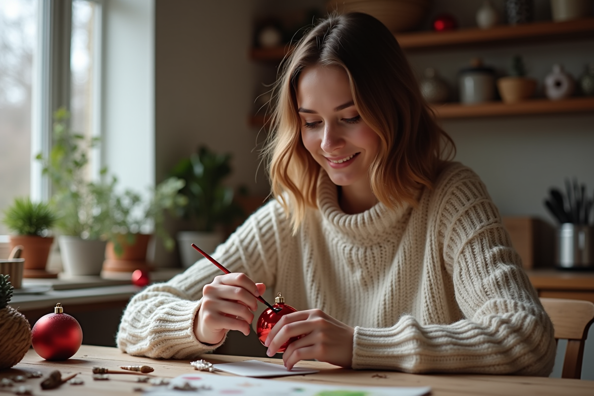 Jeune femme peignant une boule de Noël dans la cuisine