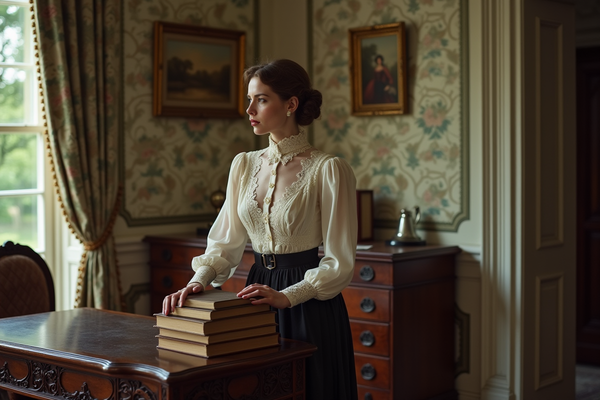Portrait d'une femme élégante en 1900s avec blouse en dentelle