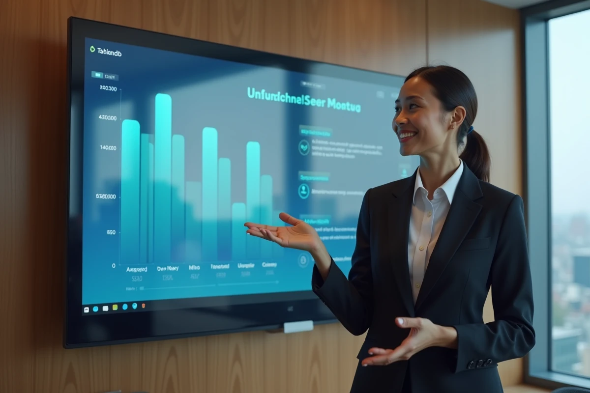 Jeune femme en business explique graphiques interactifs