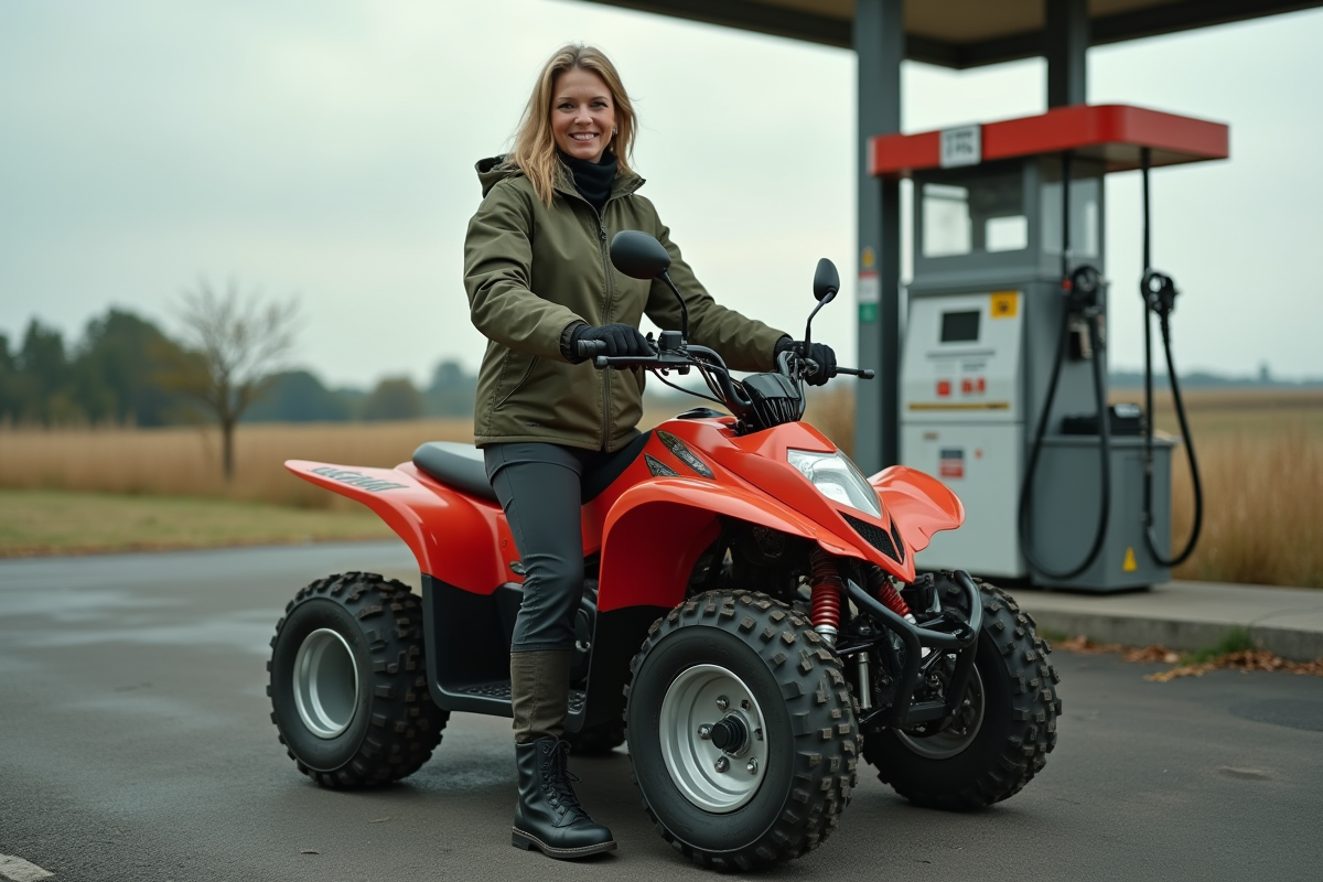 Femme avec quad 125cc devant station service rurale