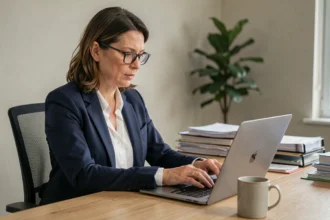 Femme professionnelle rédigeant un email à un notaire sur son ordinateur portable dans un bureau organisé
