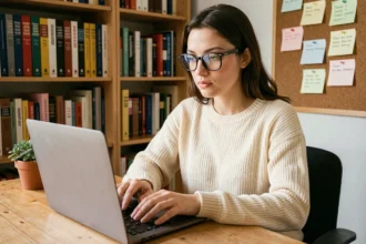 Jeune femme concentrée devant son ordinateur portable en train de rédiger un message, hésitant sur l'orthographe de je t'envoie