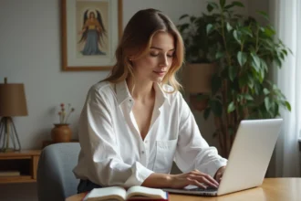 Femme contemplative dans un appartement cosy avec décor spirituel