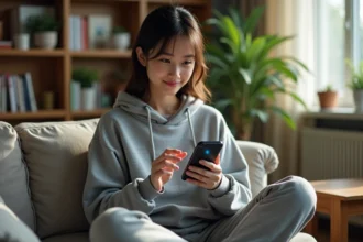 Jeune femme regardant des animes sur smartphone depuis son canapé avec l'application Adkimi mobile