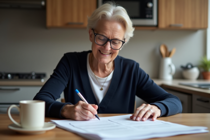 Femme âgée remplissant des formulaires de retraite à la maison