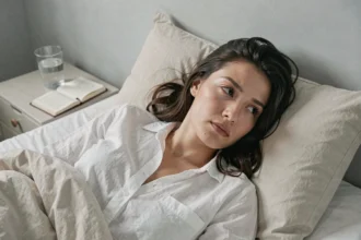 Jeune femme réveillée dans son lit avec une expression songeuse, évoquant un rêve troublant lié au verre brisé
