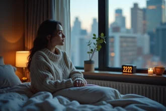 Jeune femme regardant l'horloge 2222 dans sa chambre