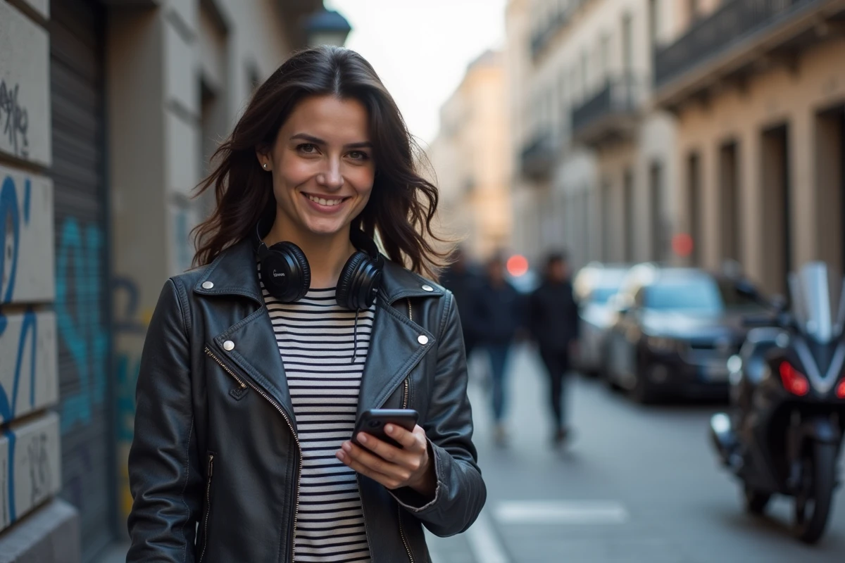 Jeune femme fan de rock écoutant une radio rock sur smartphone dans la rue avec un casque autour du cou
