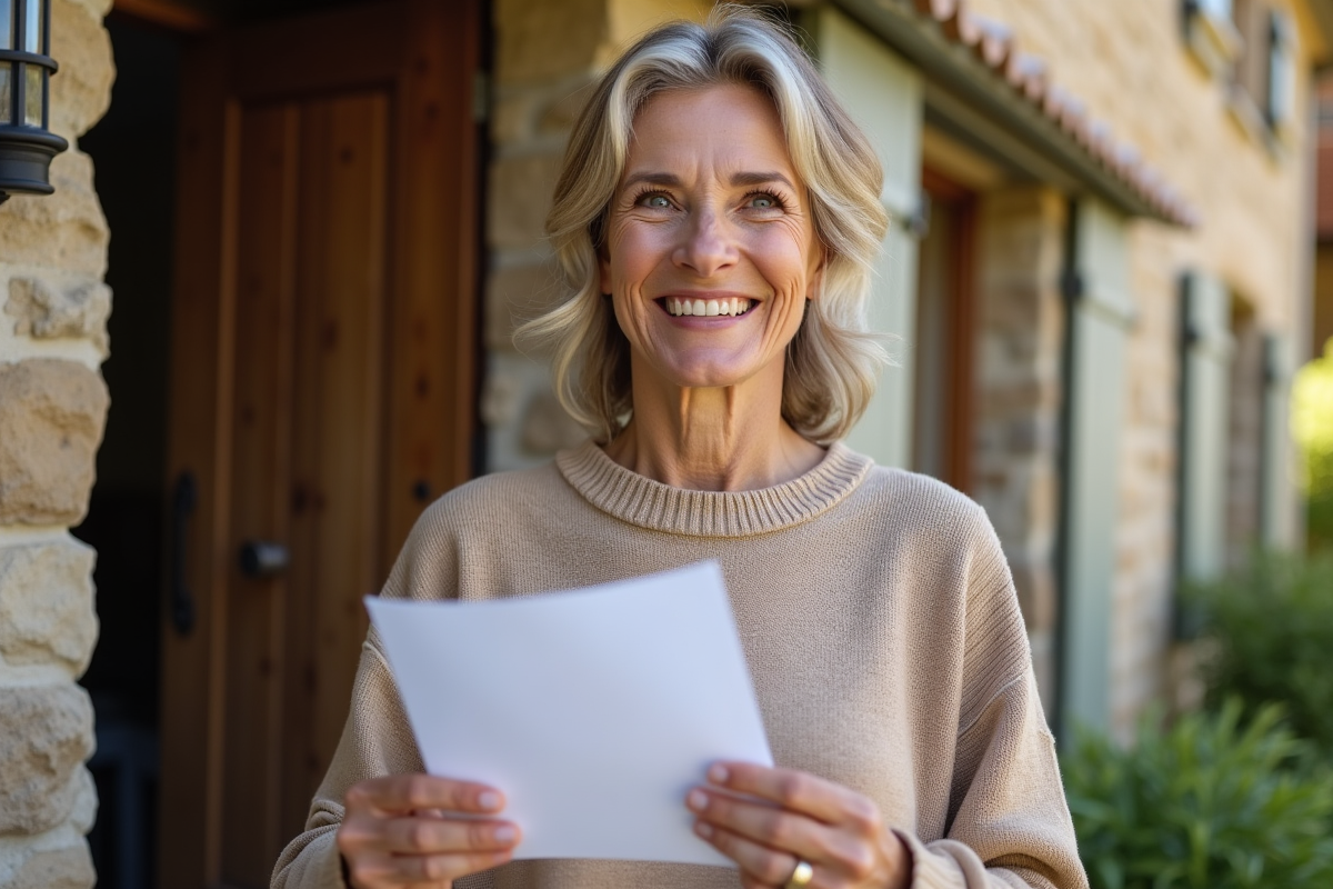 Femme souriante tenant une lettre devant une maison rurale