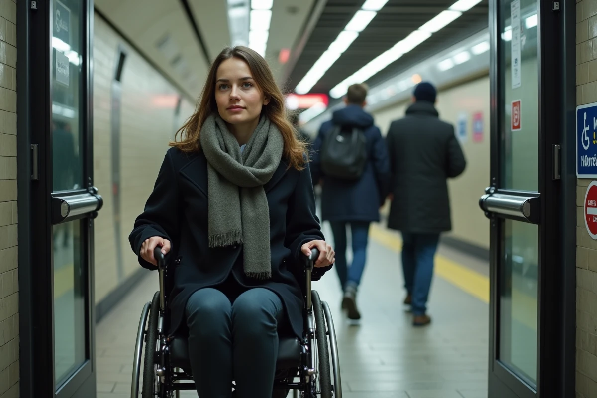 Jeune femme en fauteuil entrant dans le métro parisien