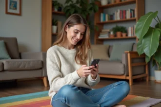 Femme souriante jouant à Candy Crush dans un salon cosy