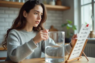 Jeune femme utilisant un tableau de conversion litres cm3 dans une cuisine moderne avec un pichet gradué
