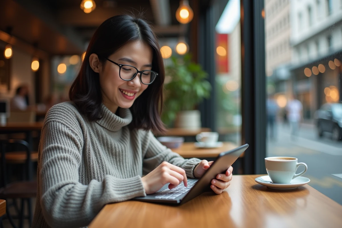 Femme souriante utilisant une application manga sur tablette au café