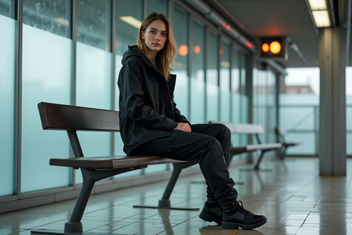 Femme en techwear assise dans une station moderne