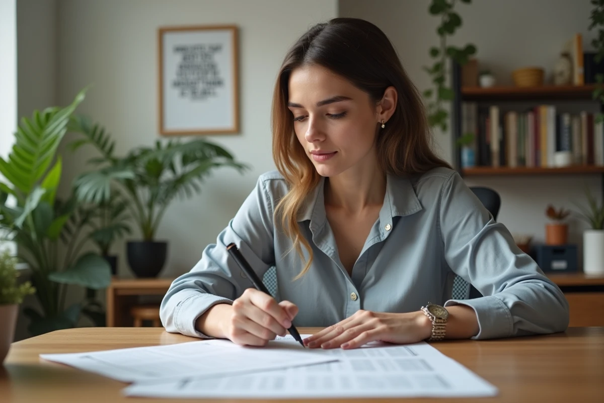 Femme concentrée remplissant un test de personnalité dans un bureau lumineux