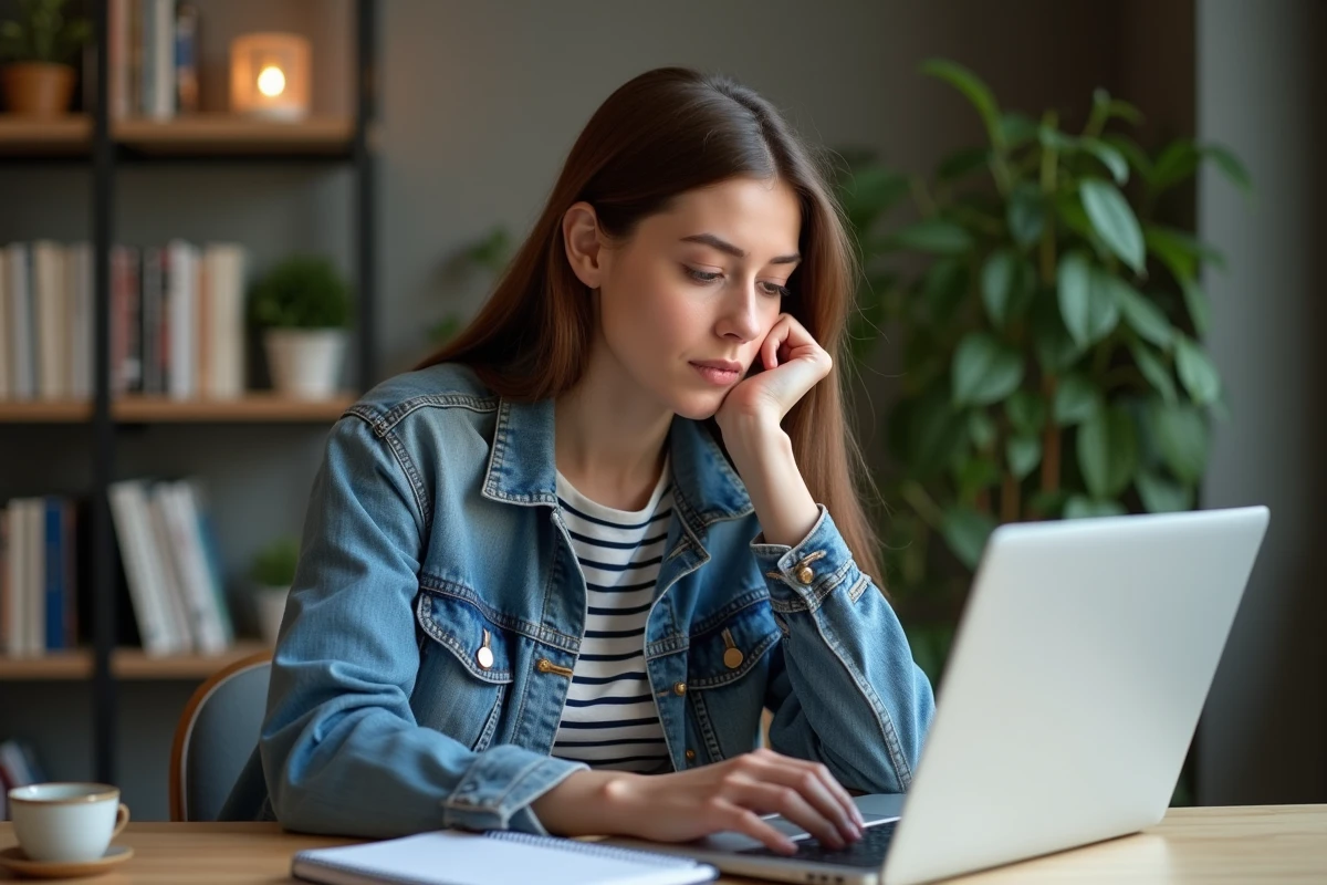 Jeune femme française travaillant à domicile avec ordinateur