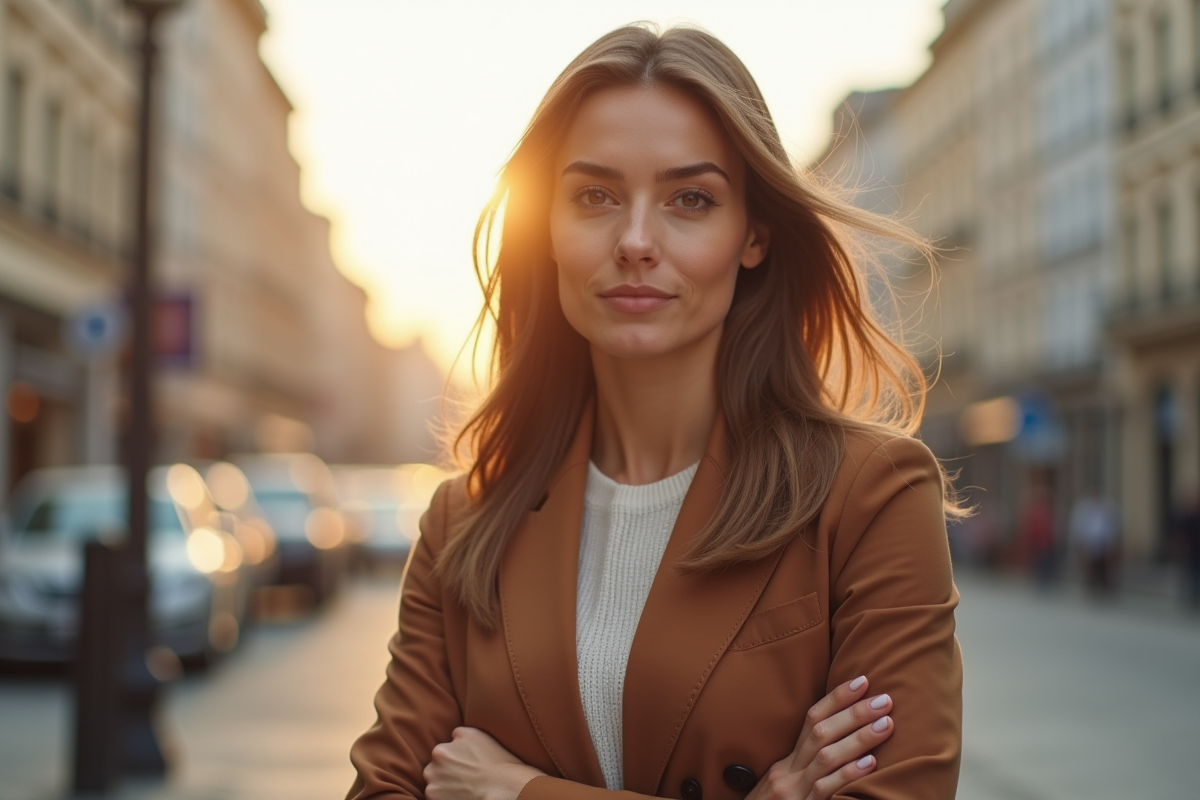 Femme confiante en extérieur en matinée en ville